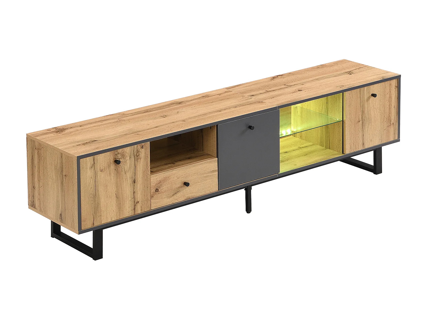 Meuble TV avec LED ,3 portes et tiroir - Pieds en métal - Naturel clair et gris