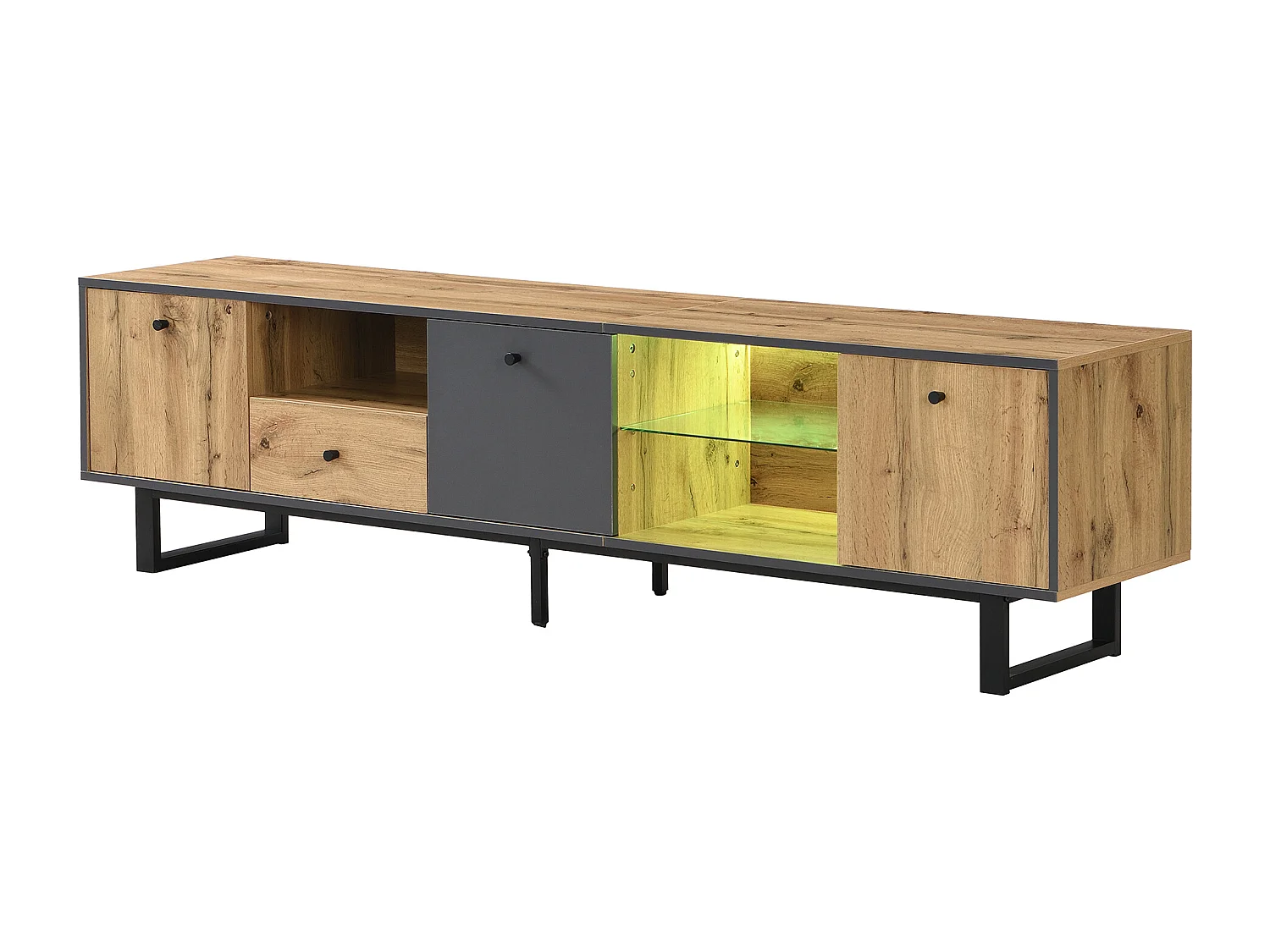 Meuble TV avec LED ,3 portes et tiroir - Pieds en métal - Naturel clair et gris