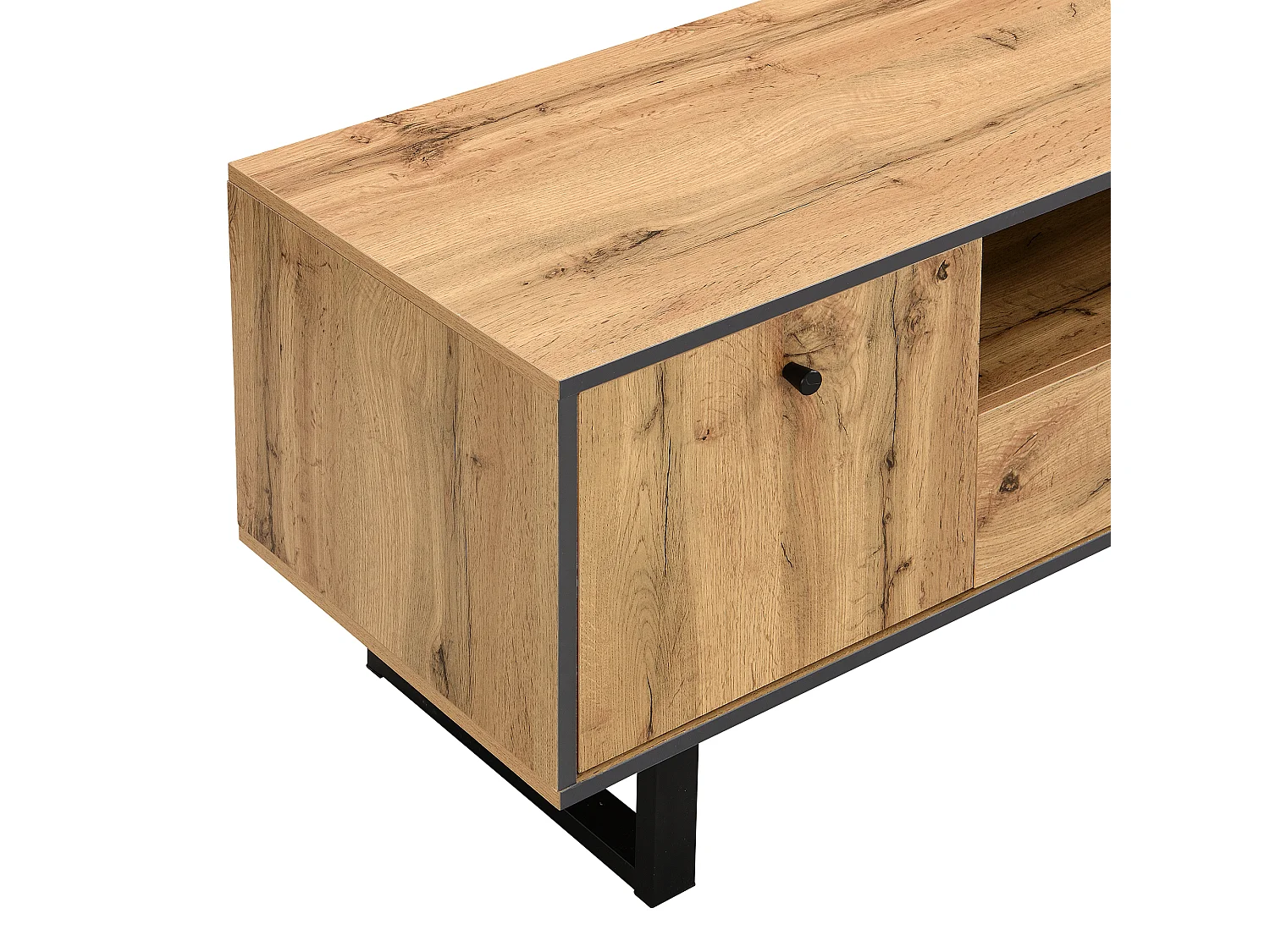 Meuble TV avec LED ,3 portes et tiroir - Pieds en métal - Naturel clair et gris