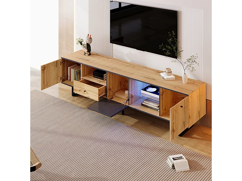 Meuble TV avec LED ,3 portes et tiroir - Pieds en métal - Naturel clair et gris