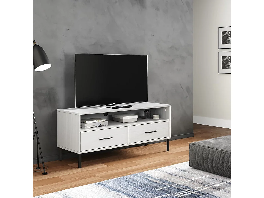 Meuble TV avec pieds en métal Blanc Bois de pin massif OSLO