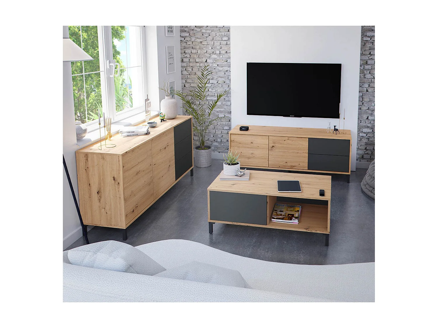 Mueble TV 130 cm Brooklyn Roble Nodi Gris Antracita Industrial