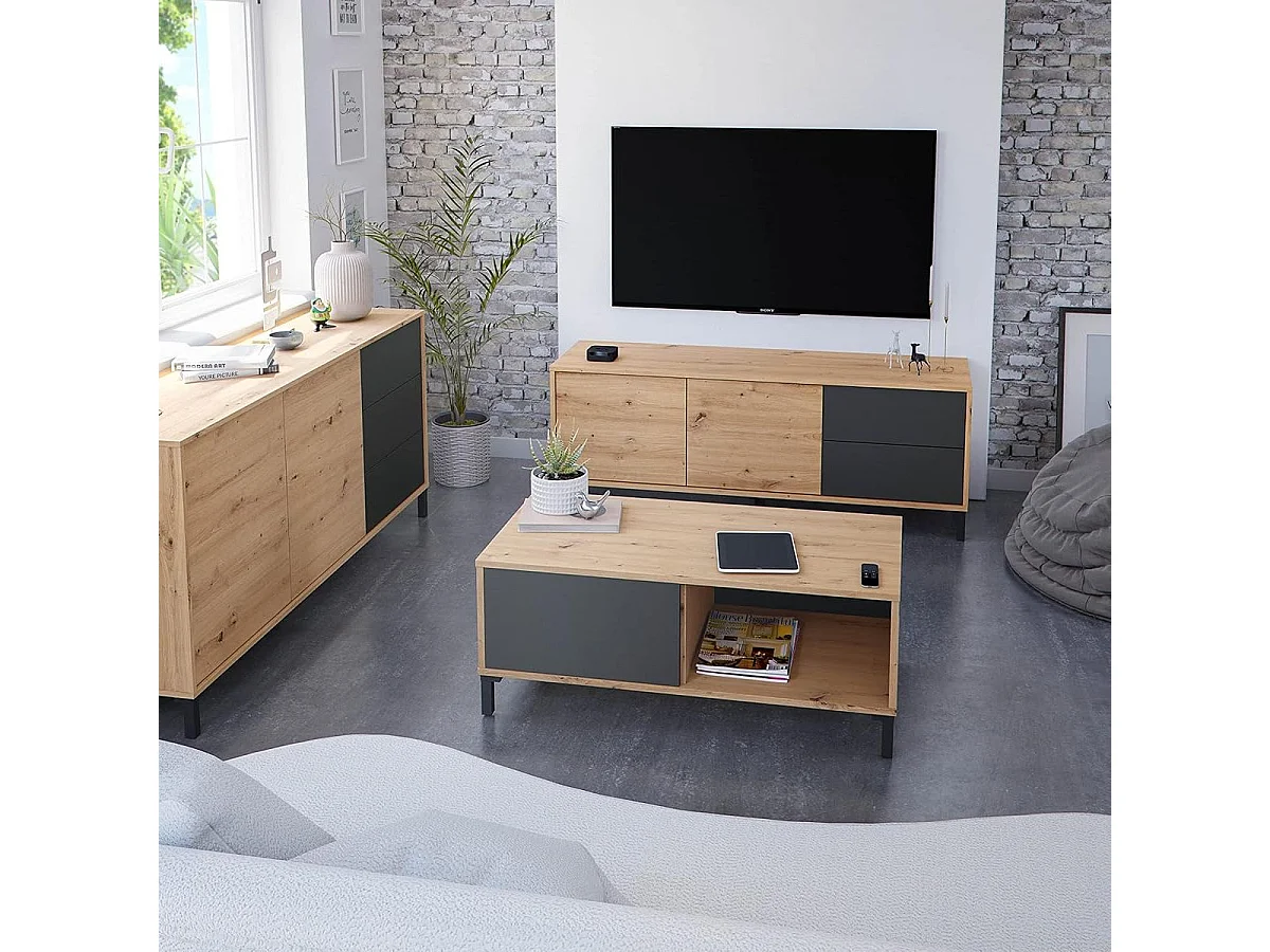 Mueble TV 130 cm Brooklyn Roble Nodi Gris Antracita Industrial