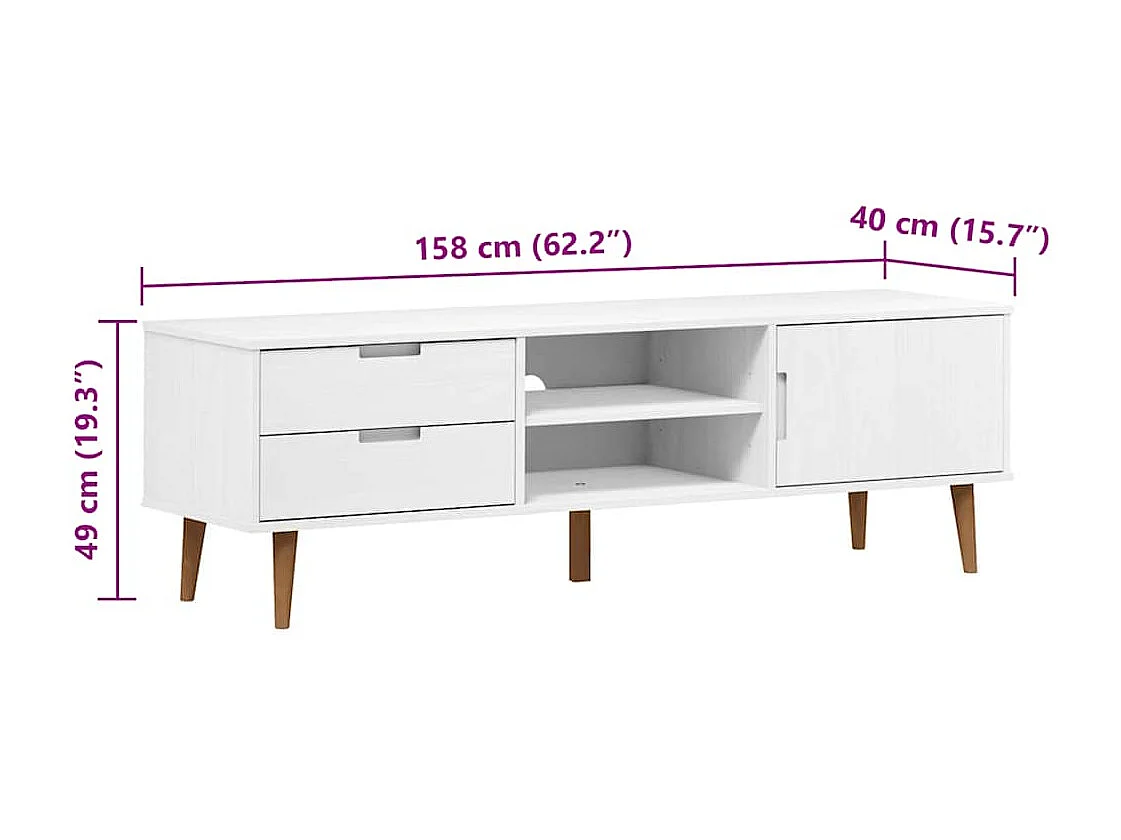 Meuble TV MOLDE Blanc 158x40x49 cm Bois de pin massif