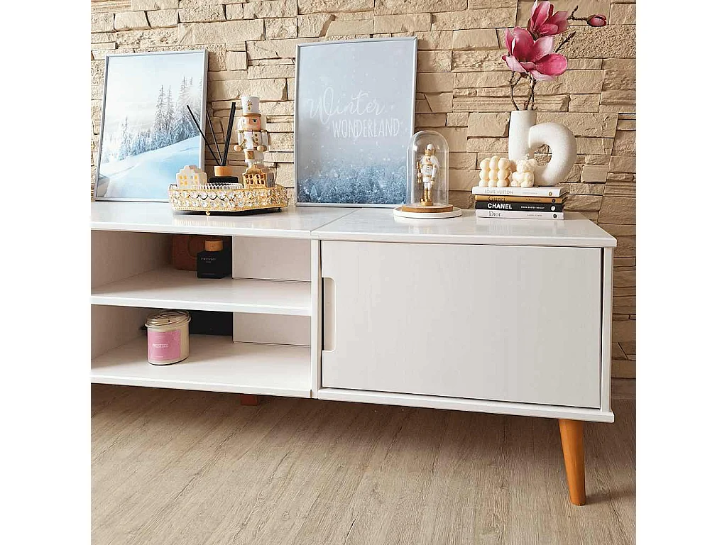 Meuble TV MOLDE Blanc 158x40x49 cm Bois de pin massif