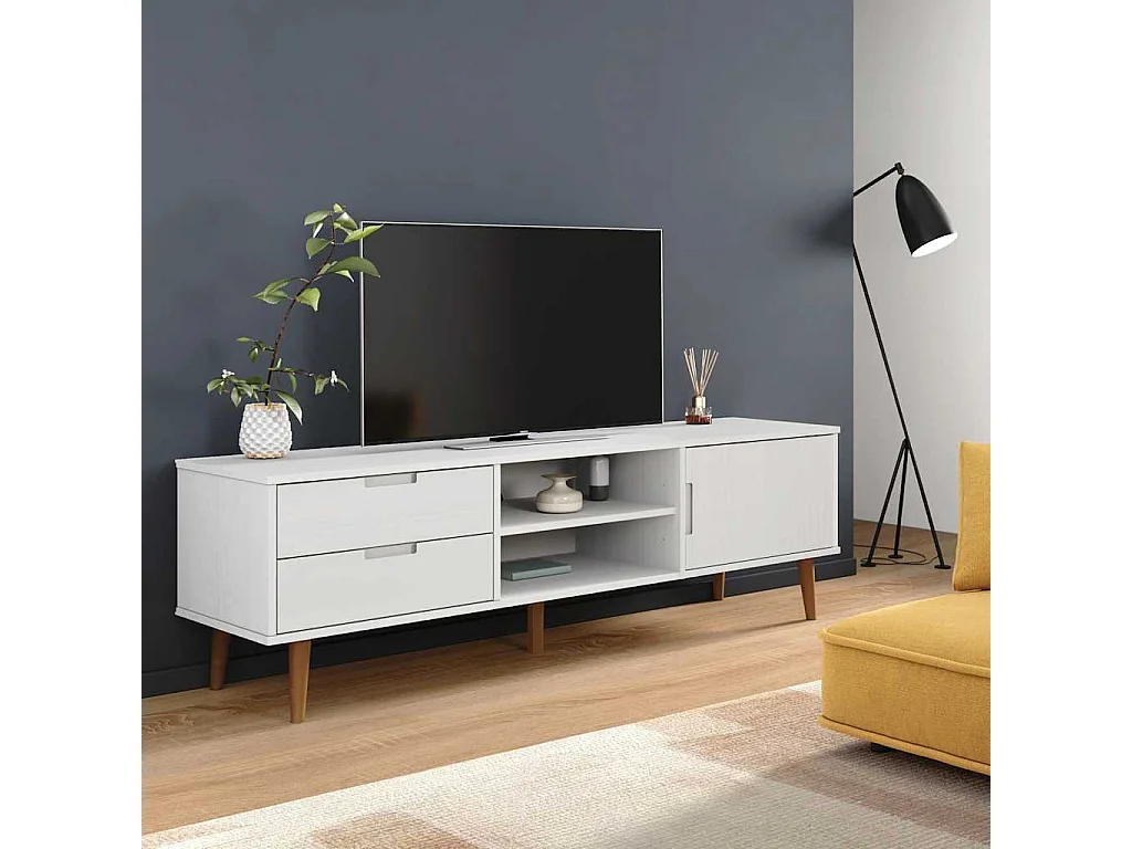 Meuble TV MOLDE Blanc 158x40x49 cm Bois de pin massif