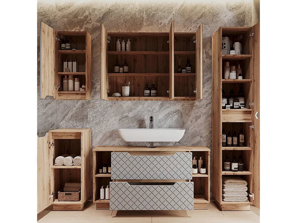 Meuble sous vasque simple chêne/gris avec structure en carreaux 119.2x32x62.5 lotta