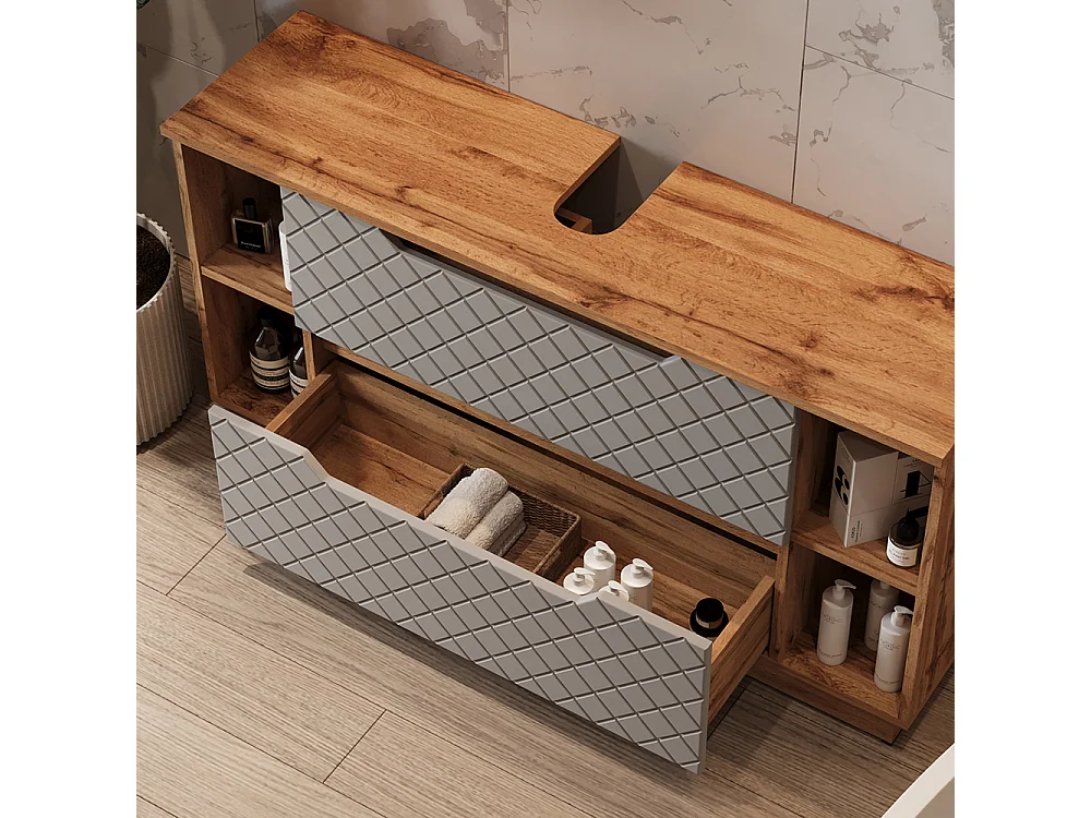 Meuble sous vasque simple chêne/gris avec structure en carreaux 119.2x32x62.5 lotta