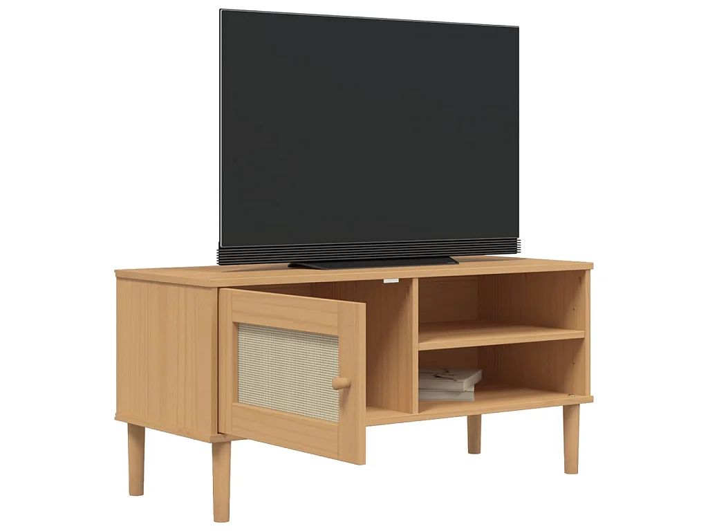 Meuble TV SENJA aspect rotin marron 106x40x49cm bois massif pin