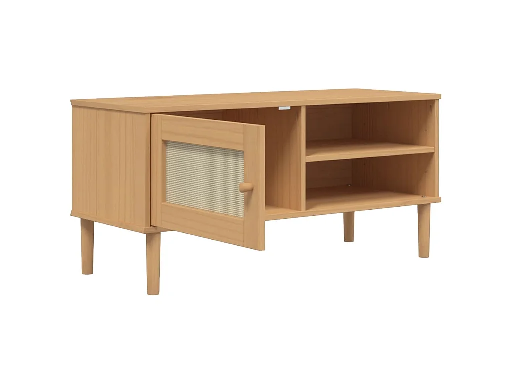 Meuble TV SENJA aspect rotin marron 106x40x49cm bois massif pin