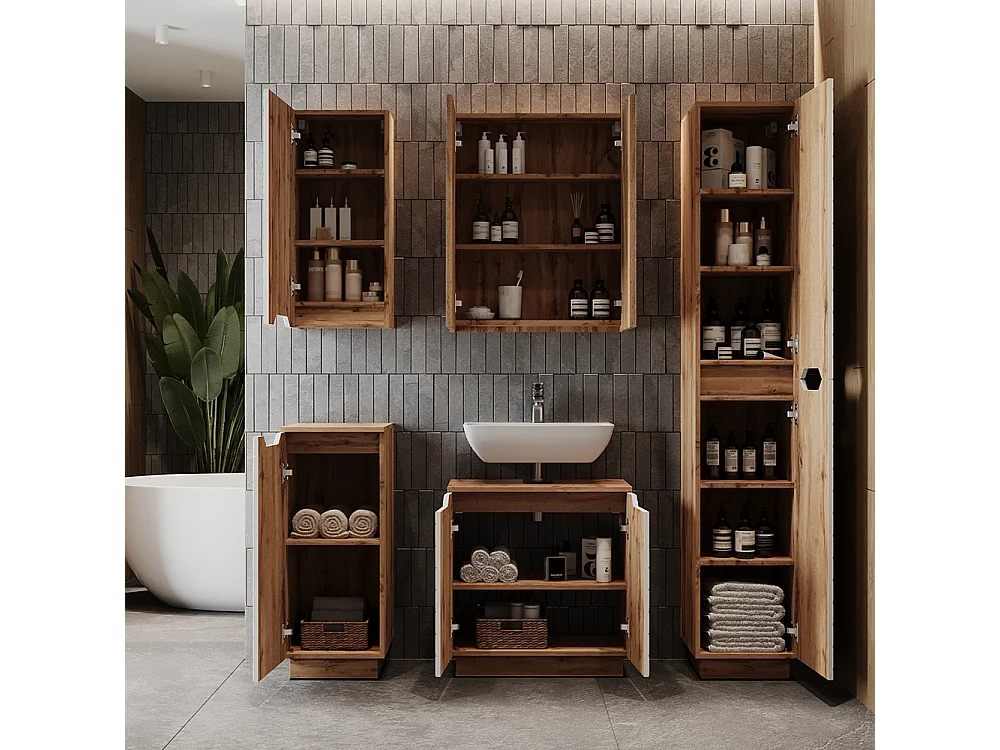 Meuble vasque simple chêne/blanc avec structure en carreaux 59.8x32x62.1 lotta