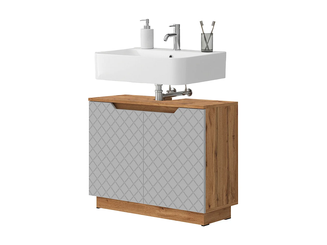 Meuble vasque simple chêne/gris avec structure en carreaux 79.6x32x62.1 lotta
