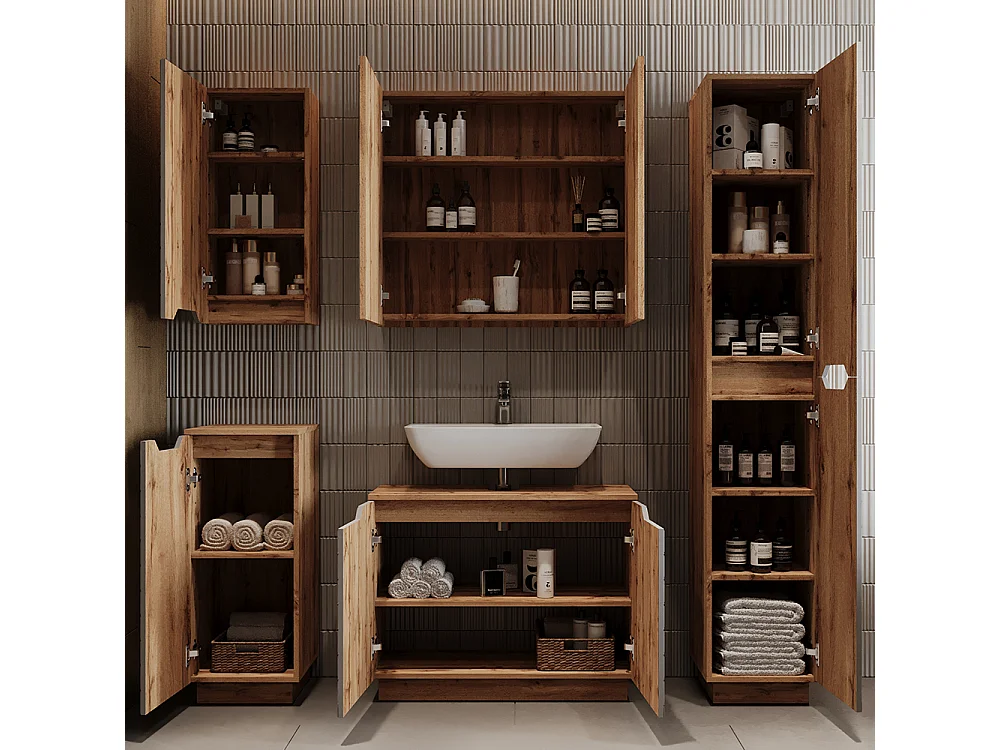 Meuble vasque simple chêne/gris avec structure en carreaux 79.6x32x62.1 lotta