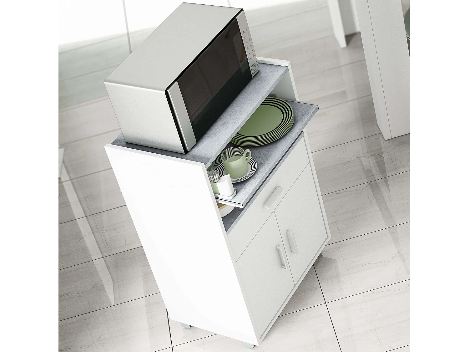 Meuble de cuisine micro-ondes blanc/ciment avec 1 tiroir et 2 portes, 92x59x40 cm