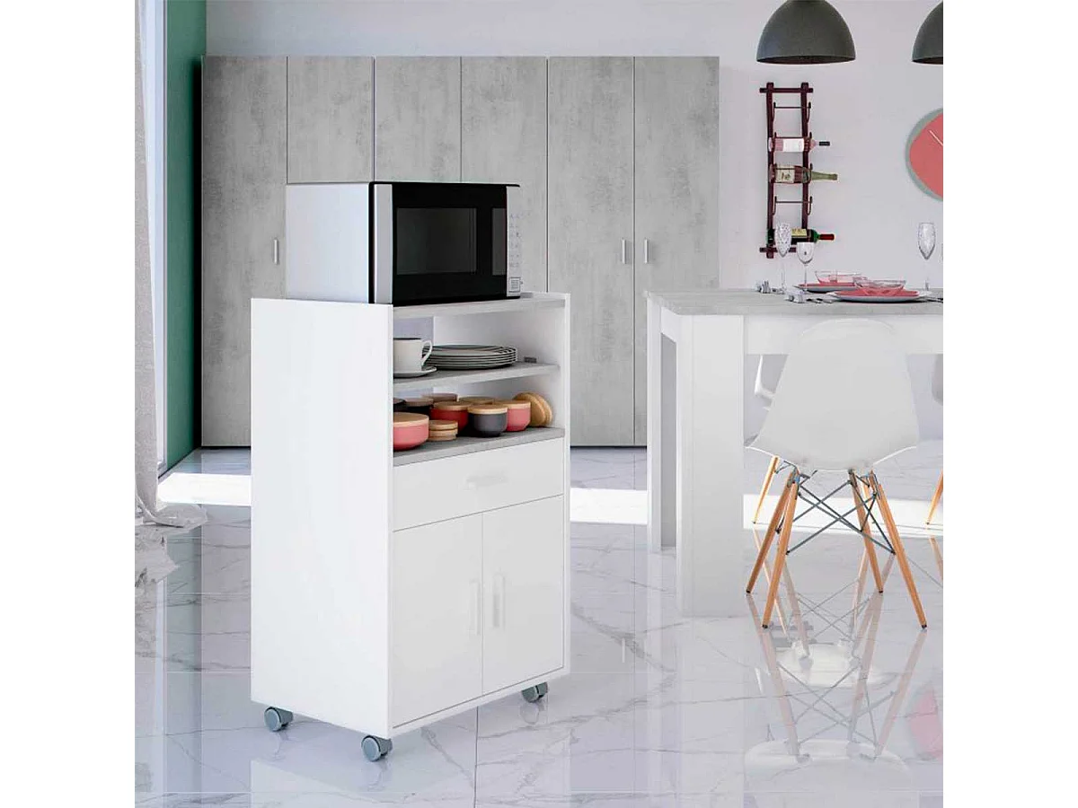 Meuble de cuisine micro-ondes blanc/ciment avec 1 tiroir et 2 portes, 92x59x40 cm