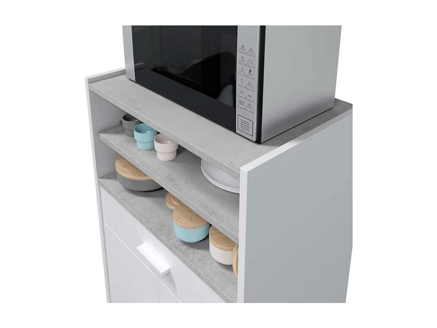 Meuble de cuisine micro-ondes blanc/ciment avec 1 tiroir et 2 portes, 92x59x40 cm