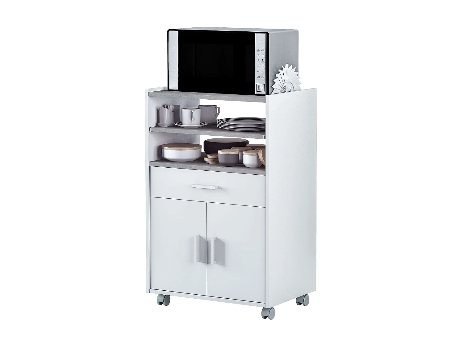 Mueble microondas cocina blanco/cemento 1 cajón 2 puertas 92x59x40 cm