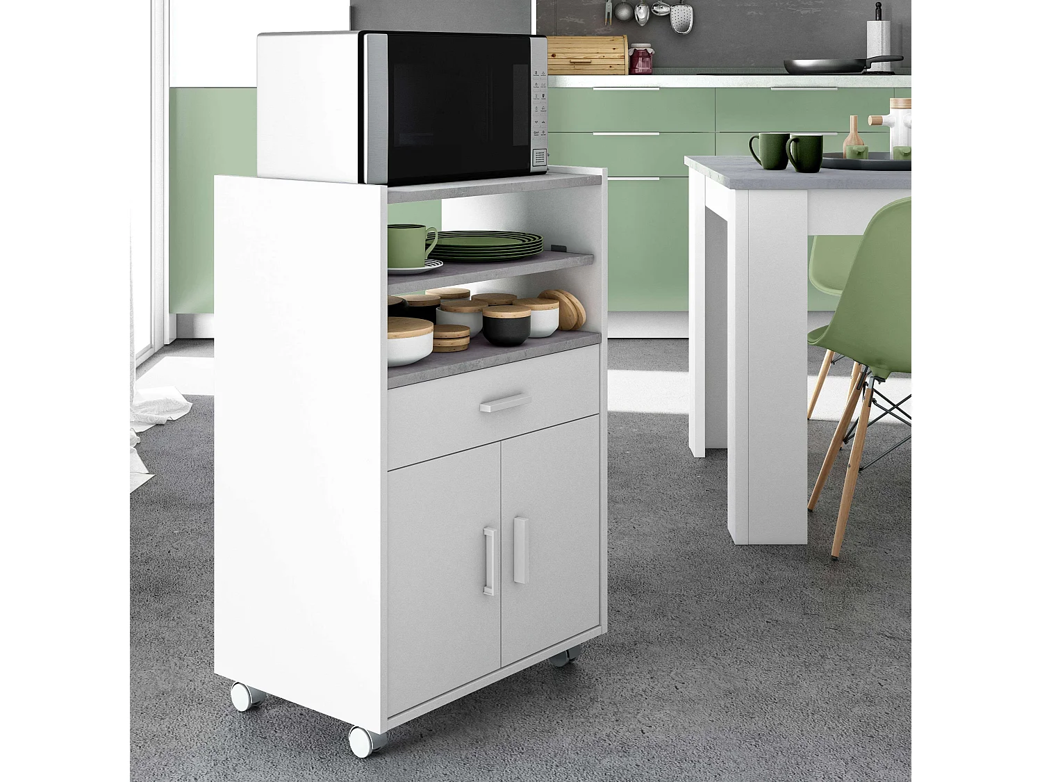Mueble microondas cocina blanco/cemento 1 cajón 2 puertas 92x59x40 cm