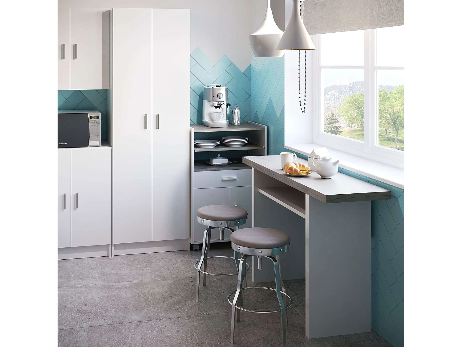 Mueble microondas cocina blanco/cemento 1 cajón 2 puertas 92x59x40 cm