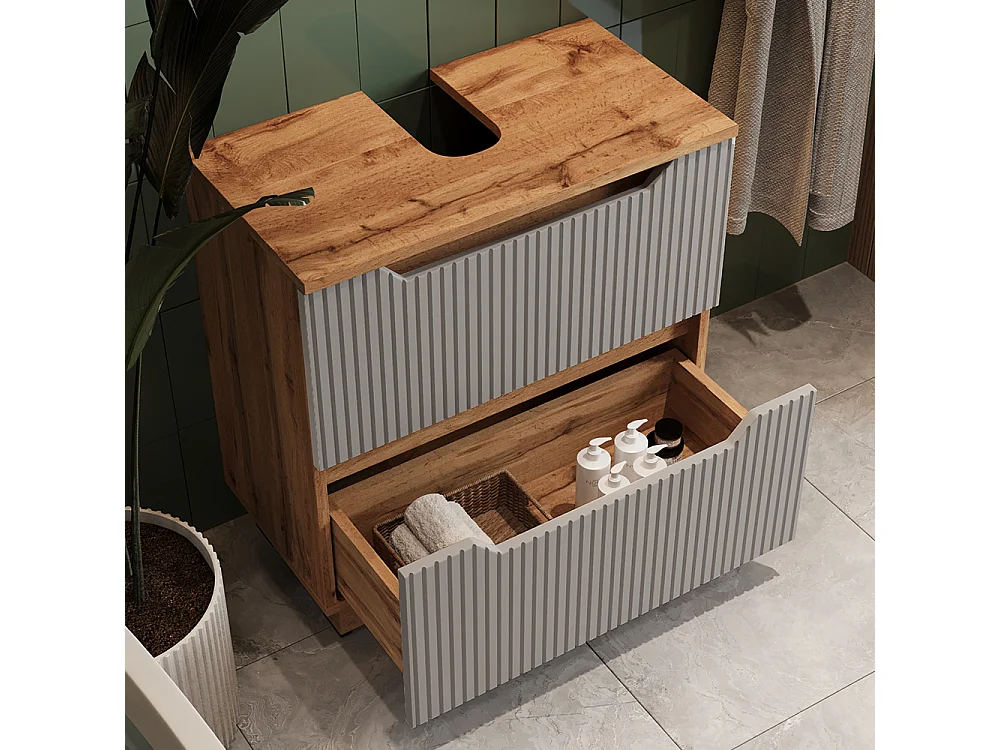 Meuble sous vasque simple chêne/gris rayé 59.8x32x62.5 lotta