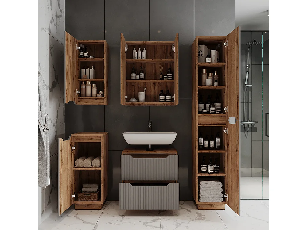 Meuble sous vasque simple chêne/gris rayé 59.8x32x62.5 lotta