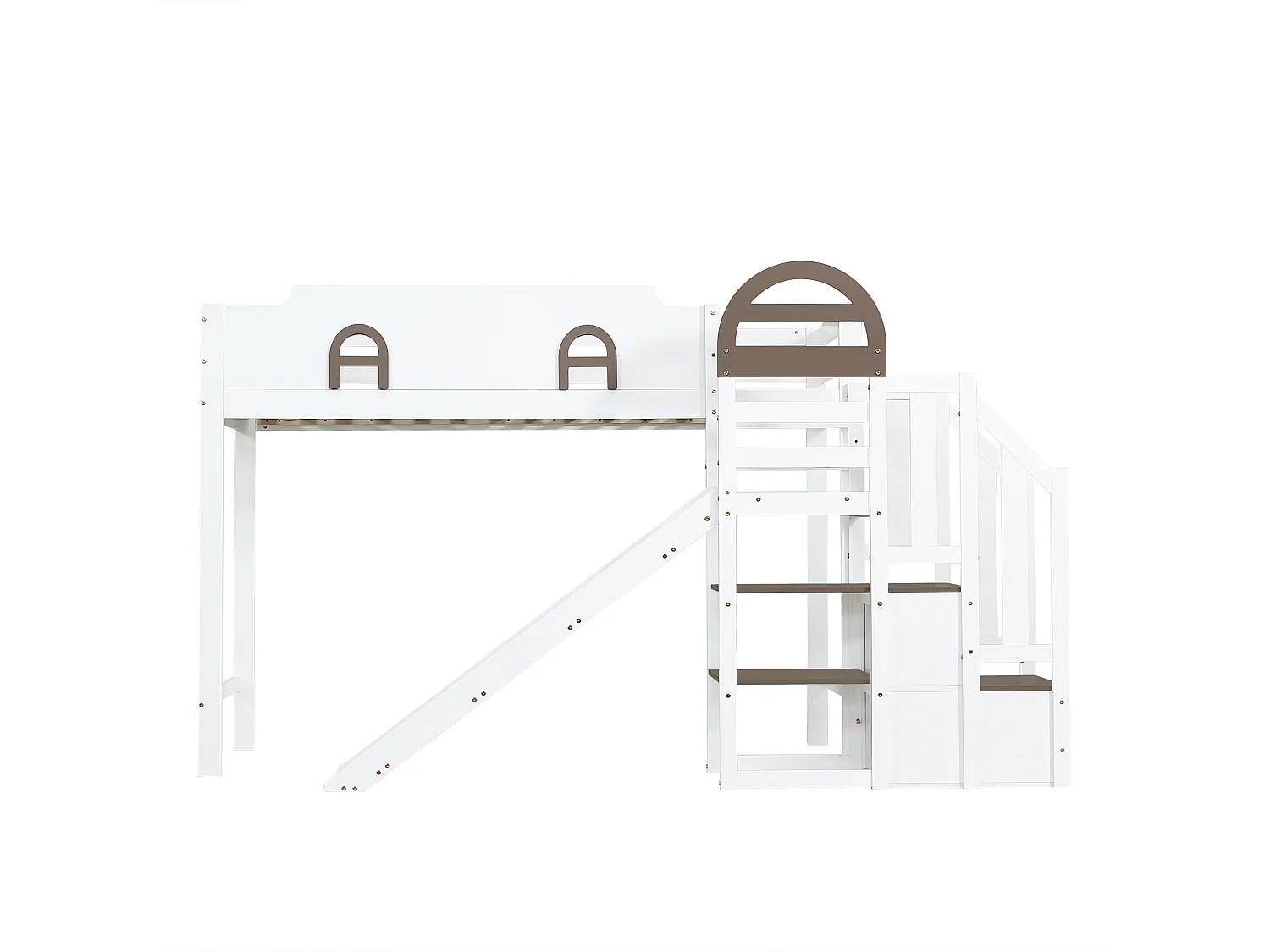 Cama alta de 90x200 cm em branco e castanho - Com escorrega, escada e espaço para arrumação - Madeira de pinho e MDF