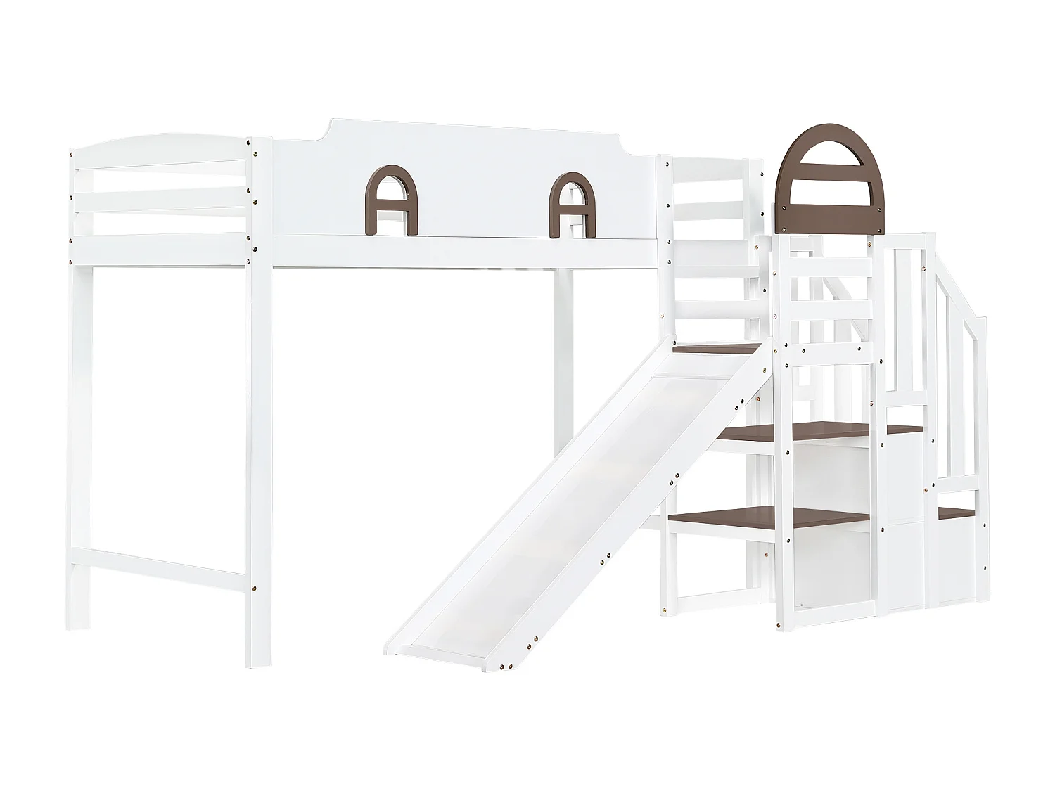 Cama alta de 90x200 cm em branco e castanho - Com escorrega, escada e espaço para arrumação - Madeira de pinho e MDF