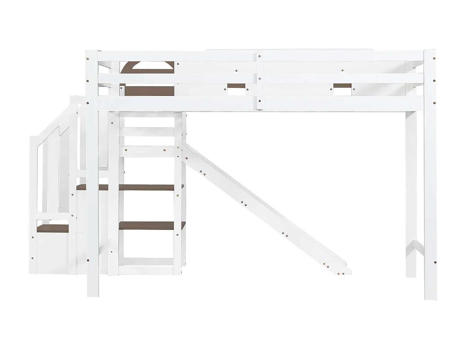 Cama alta de 90x200 cm em branco e castanho - Com escorrega, escada e espaço para arrumação - Madeira de pinho e MDF