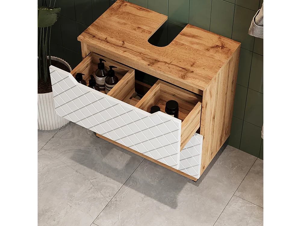 Meuble sous vasque simple chêne/blanc avec structure en carreaux 59.8x32x62.5 lotta