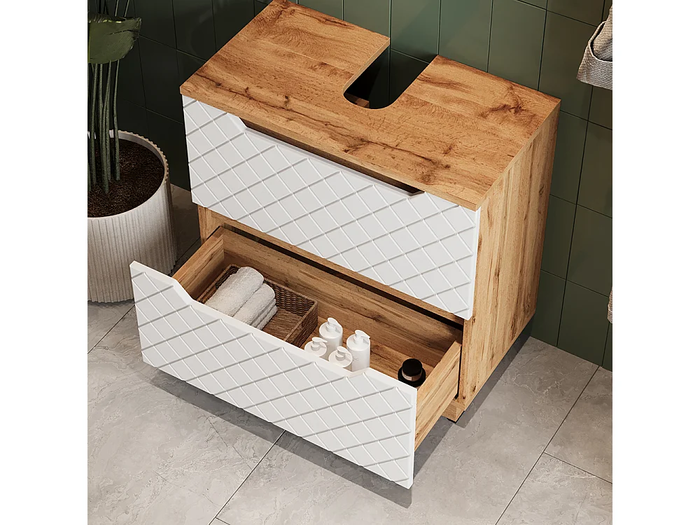 Meuble sous vasque simple chêne/blanc avec structure en carreaux 59.8x32x62.5 lotta