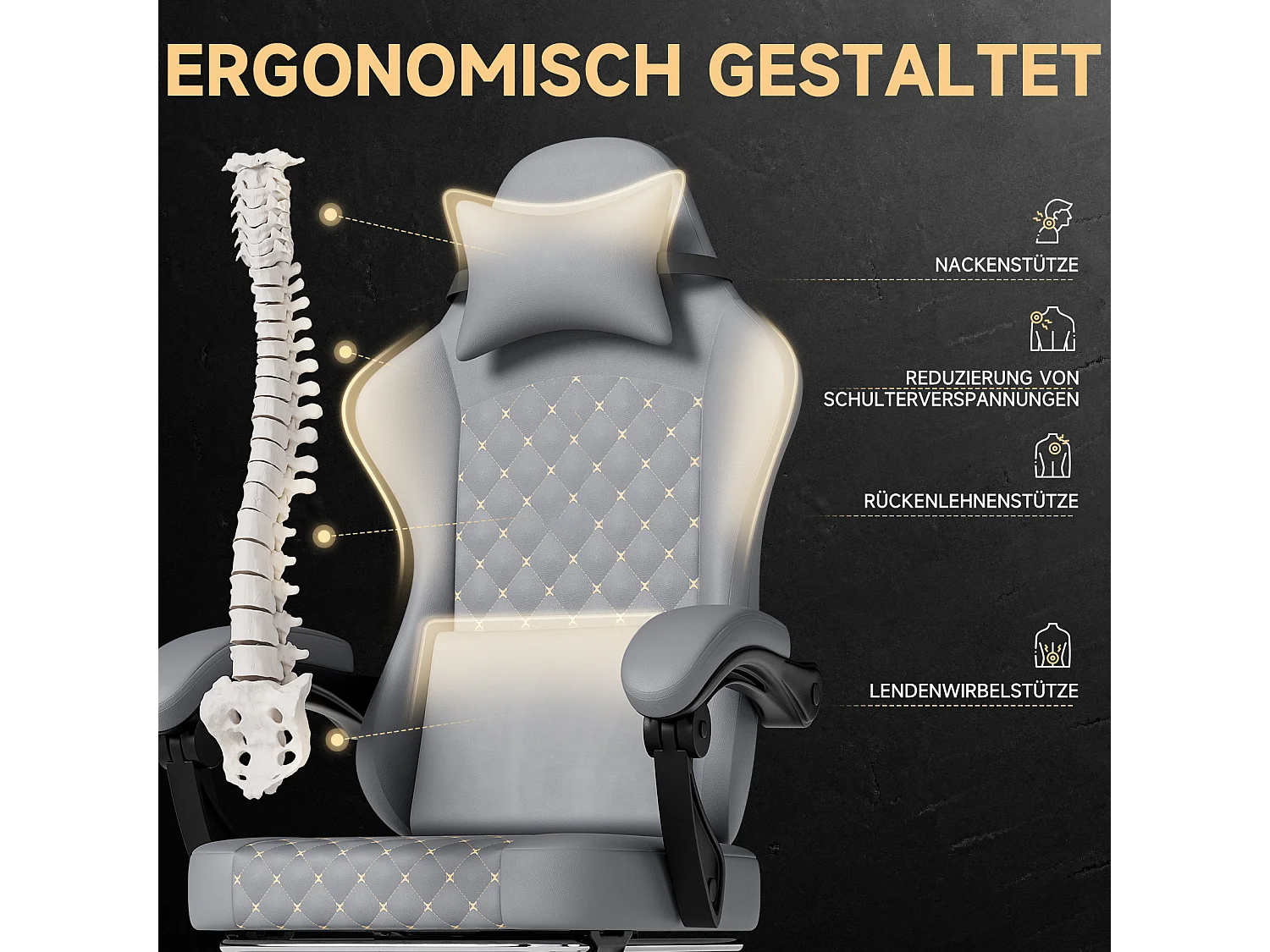 Silla de oficina con reclinación de 90/105/135° y reposapiés - Silla gaming de piel sintética - Gris