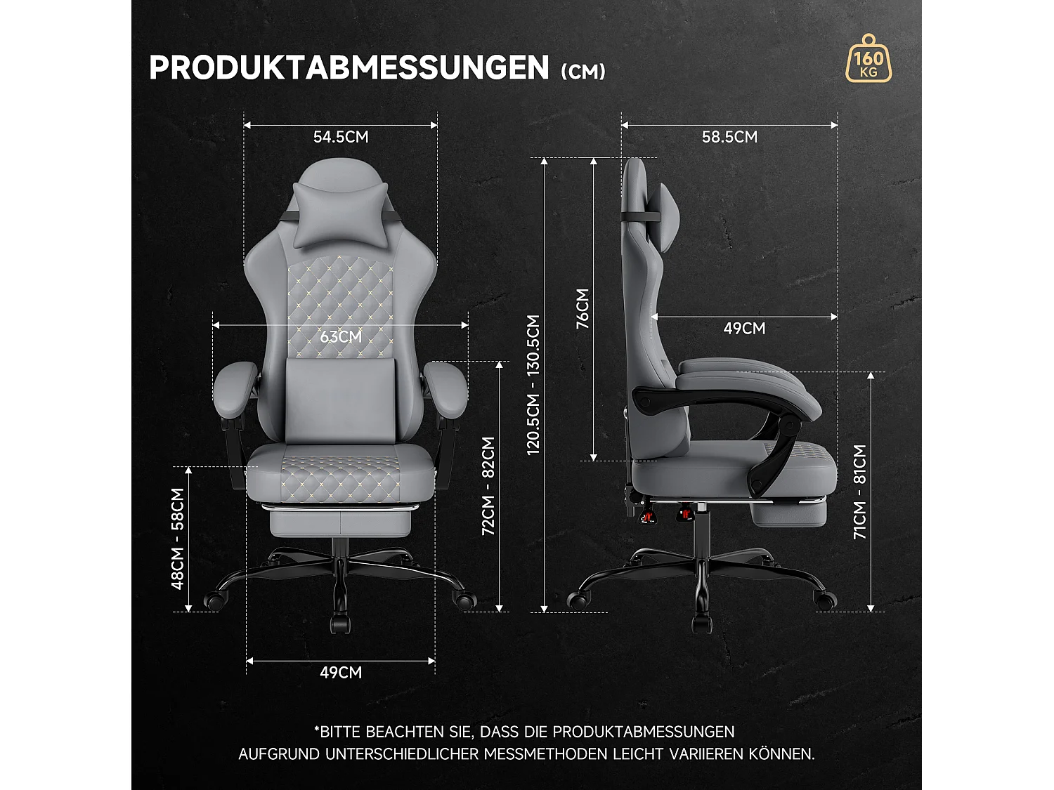 Silla de oficina con reclinación de 90/105/135° y reposapiés - Silla gaming de piel sintética - Gris