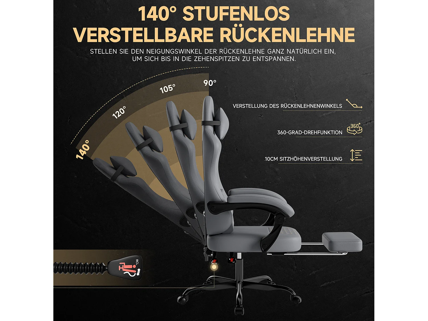 Silla de oficina con reclinación de 90/105/135° y reposapiés - Silla gaming de piel sintética - Gris