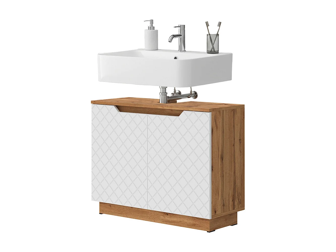 Meuble vasque simple chêne/blanc avec structure en carreaux 79.6x32x62.1 lotta