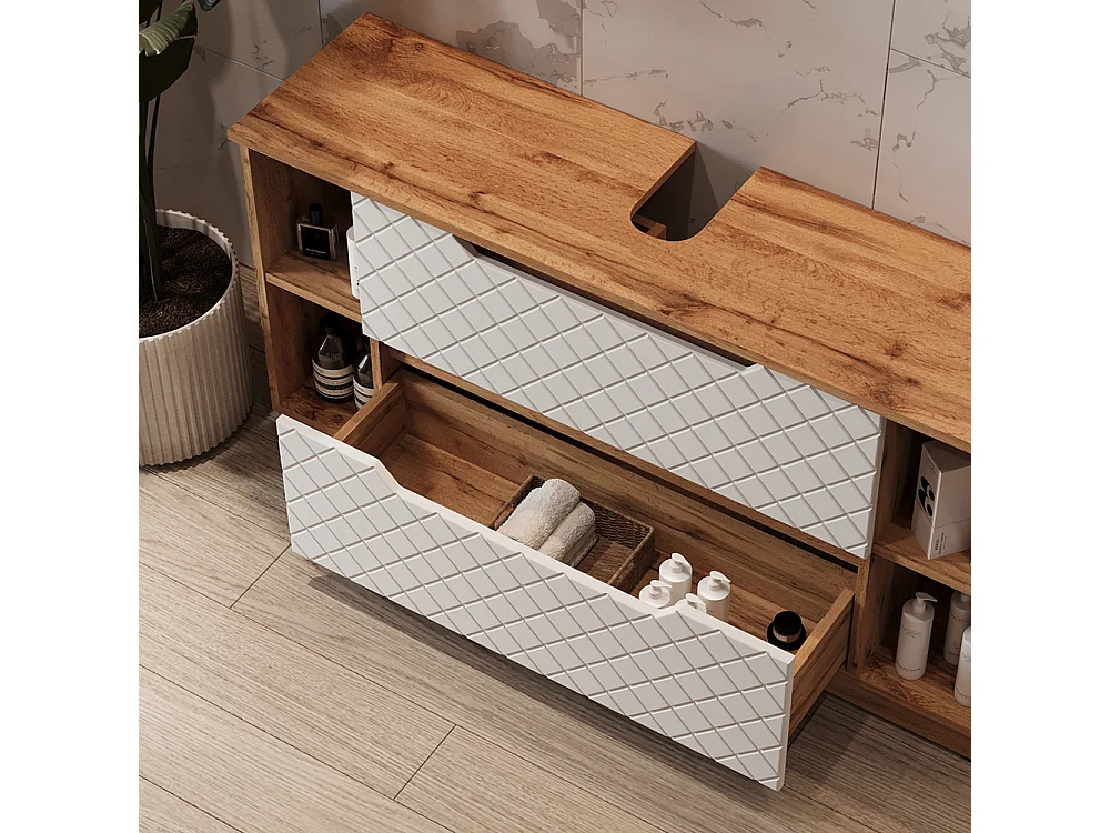 Meuble sous vasque simple chêne/blanc avec structure en carreaux 119.2x32x62.5 lotta