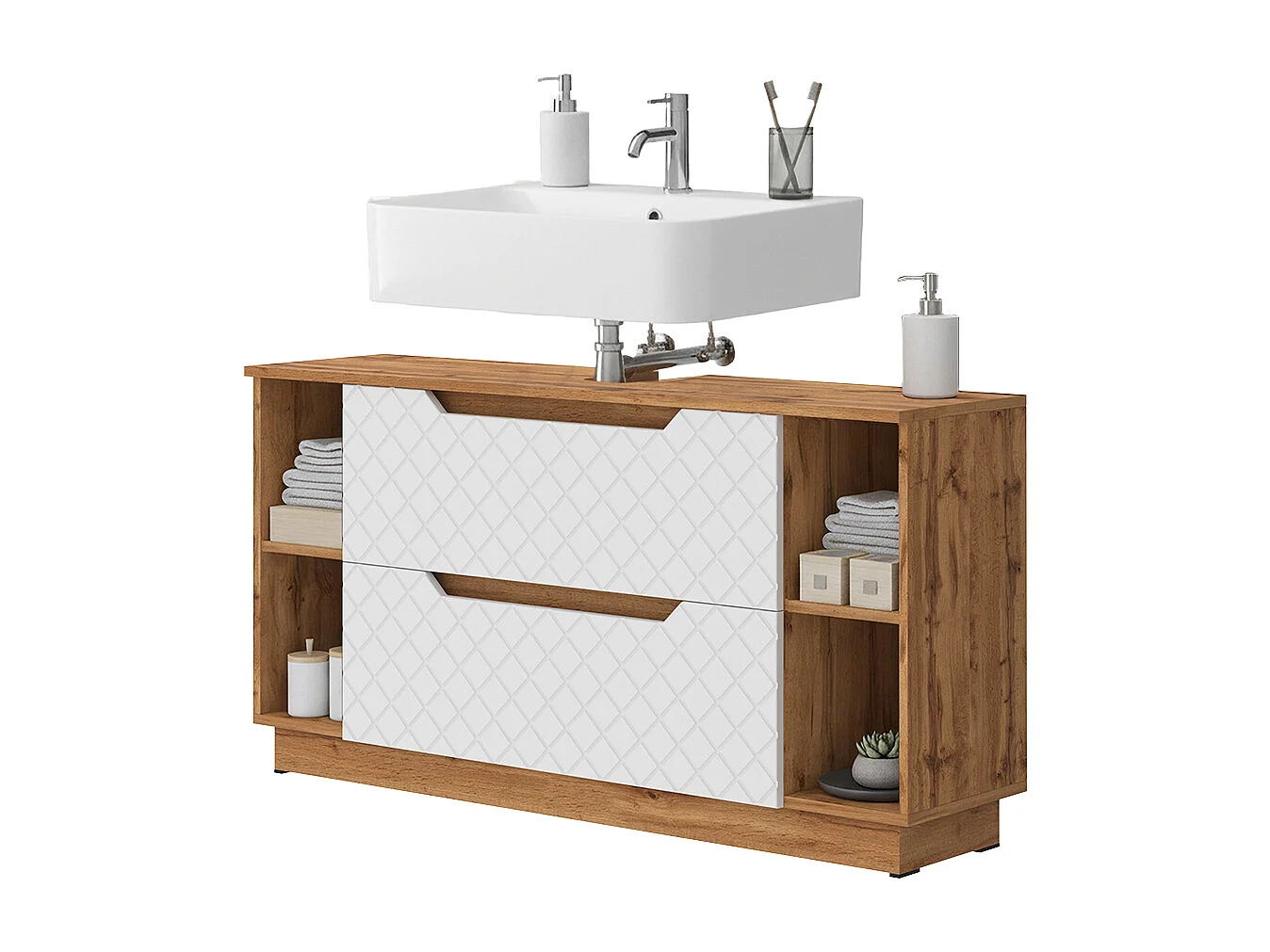 Meuble sous vasque simple chêne/blanc avec structure en carreaux 119.2x32x62.5 lotta