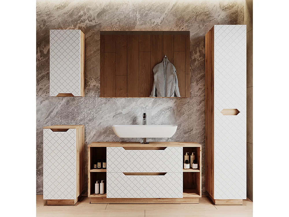 Meuble sous vasque simple chêne/blanc avec structure en carreaux 119.2x32x62.5 lotta