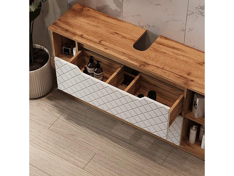 Meuble sous vasque simple chêne/blanc avec structure en carreaux 119.2x32x62.5 lotta