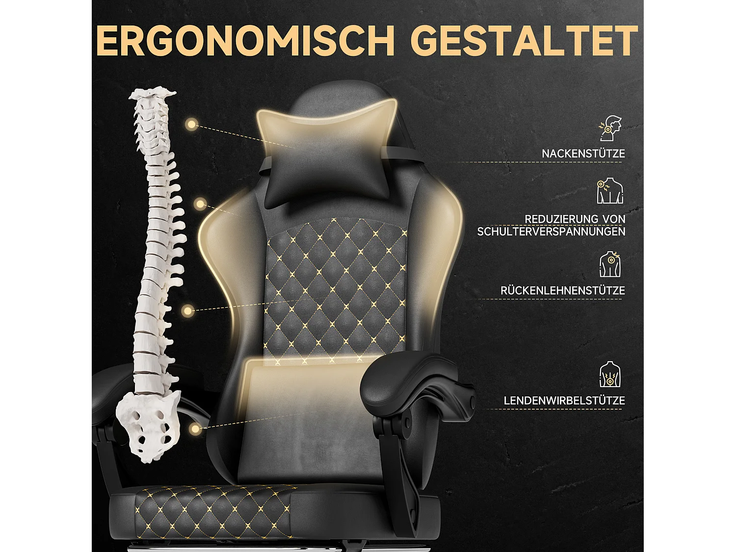 Silla de oficina inclinable 90/105/135° con reposapiés - Silla gaming de piel sintética - Negro