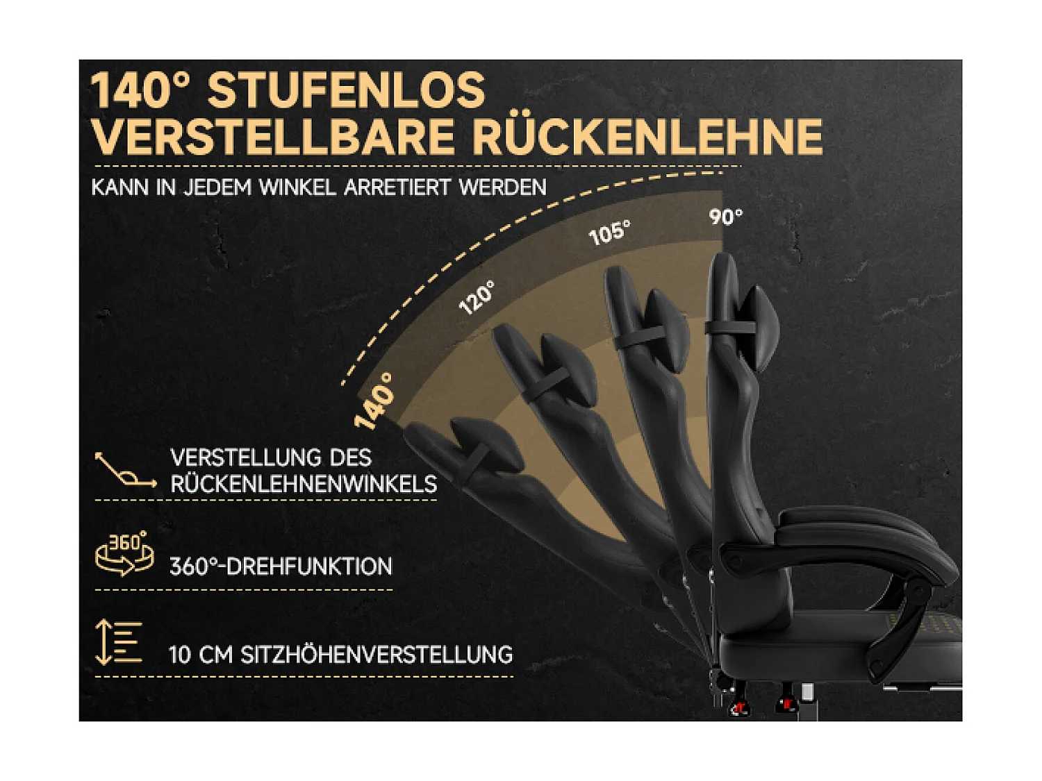 Silla de oficina inclinable 90/105/135° con reposapiés - Silla gaming de piel sintética - Negro