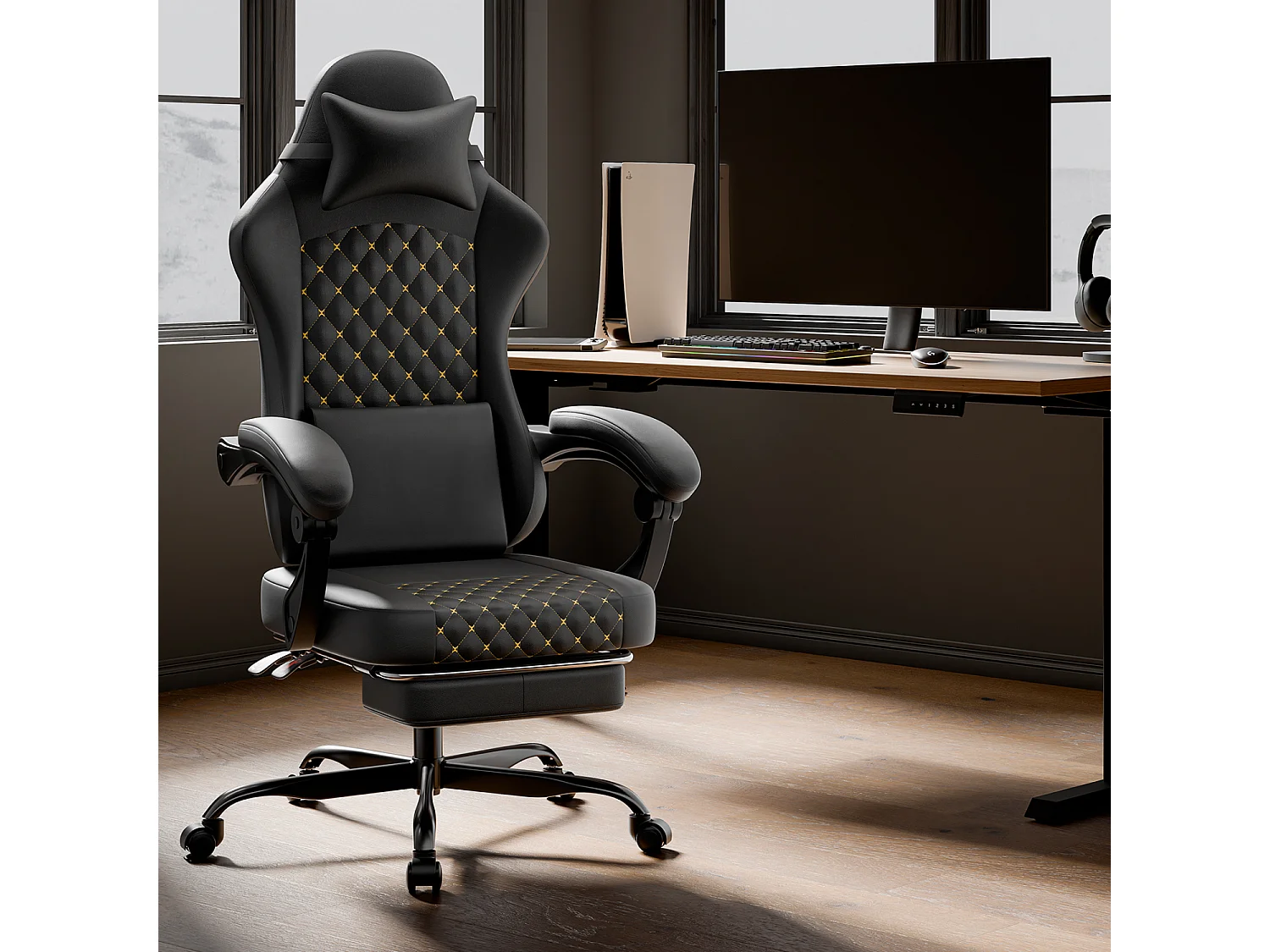 Silla de oficina inclinable 90/105/135° con reposapiés - Silla gaming de piel sintética - Negro