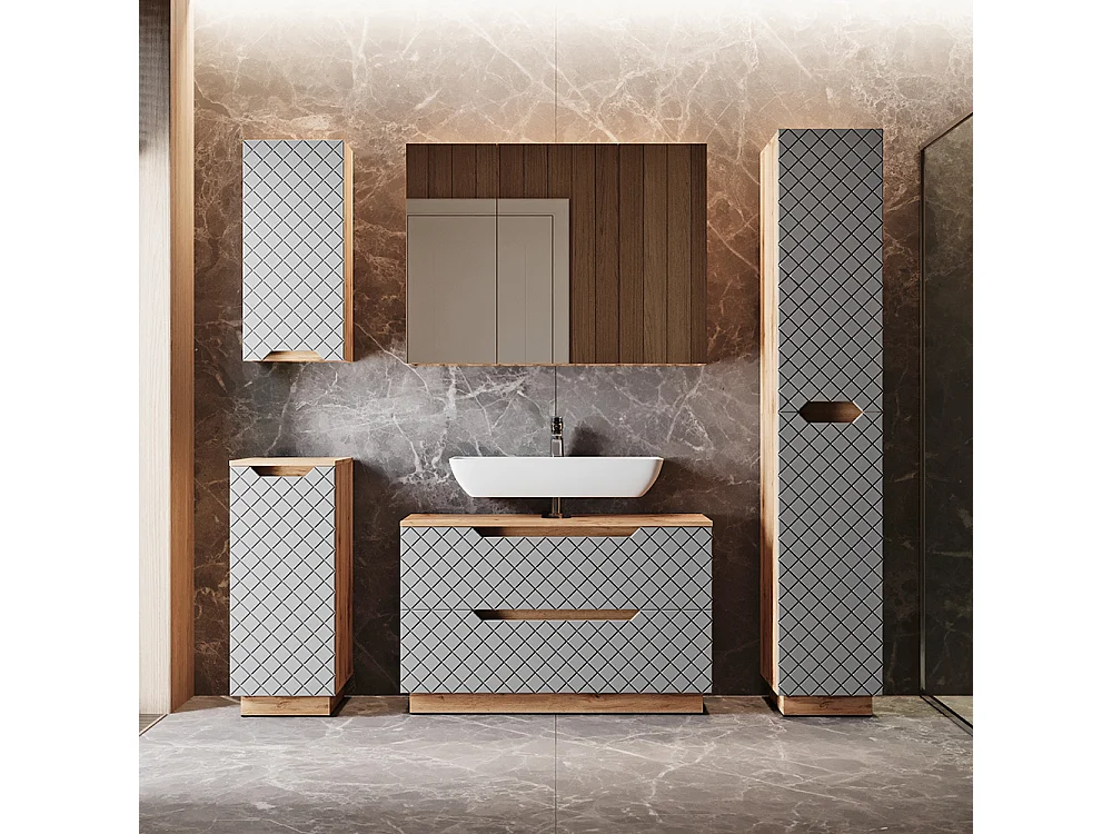 Meuble sous vasque simple chêne/gris avec structure en carreaux 99.4x32x62.5 lotta