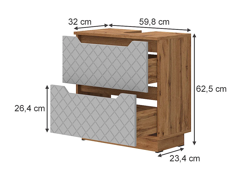 Meuble sous vasque simple chêne/gris avec structure en carreaux 59.8x32x62.5 lotta