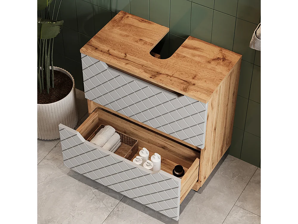 Meuble sous vasque simple chêne/gris avec structure en carreaux 59.8x32x62.5 lotta