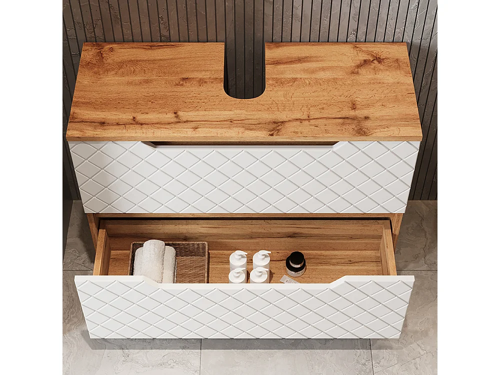 Meuble sous vasque simple chêne/blanc avec structure en carreaux 79.6x32x62.5 lotta