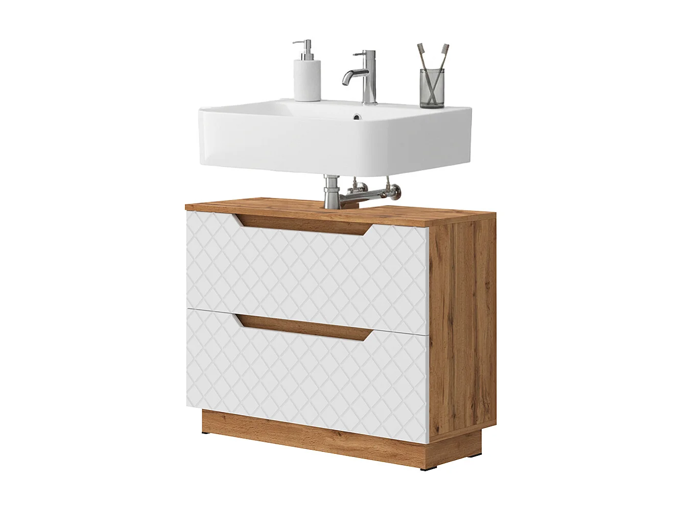 Meuble sous vasque simple chêne/blanc avec structure en carreaux 79.6x32x62.5 lotta