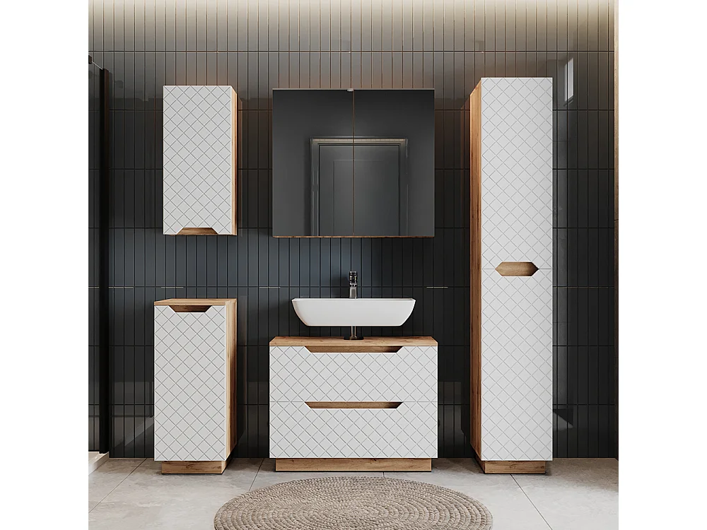 Meuble sous vasque simple chêne/blanc avec structure en carreaux 79.6x32x62.5 lotta