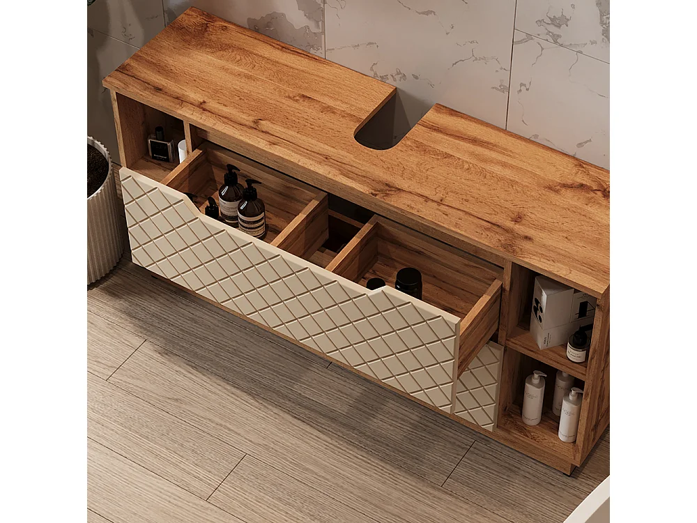 Meuble sous vasque simple chêne/cachemire avec structure en carreaux 119.2x35x62.5 lotta