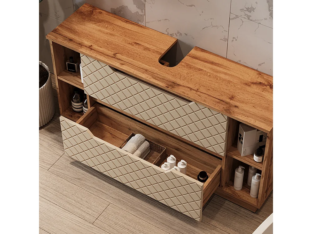 Meuble sous vasque simple chêne/cachemire avec structure en carreaux 119.2x35x62.5 lotta