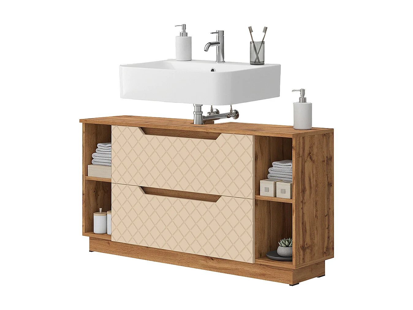 Meuble sous vasque simple chêne/cachemire avec structure en carreaux 119.2x35x62.5 lotta